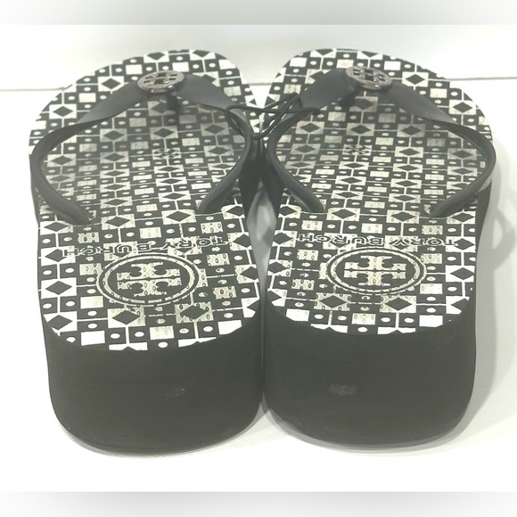 Tory Burch Womens Reva Rubber Flip Flops Black & Gray Logo Womens Wedges - Picture 7 of 11